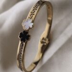 Classic Flower with Greek Diamond Pattern Gold Plated Women Kada Bracelet with Magnetic Closure