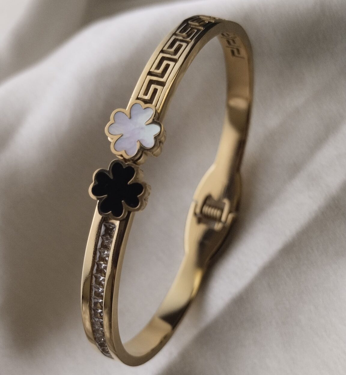 Classic Flower with Greek Diamond Pattern Gold Plated Women Kada Bracelet with Magnetic Closure