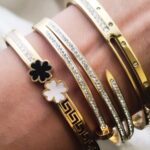 Classic Flower with Greek Diamond Pattern Gold Plated Women Kada Bracelet with Magnetic Closure